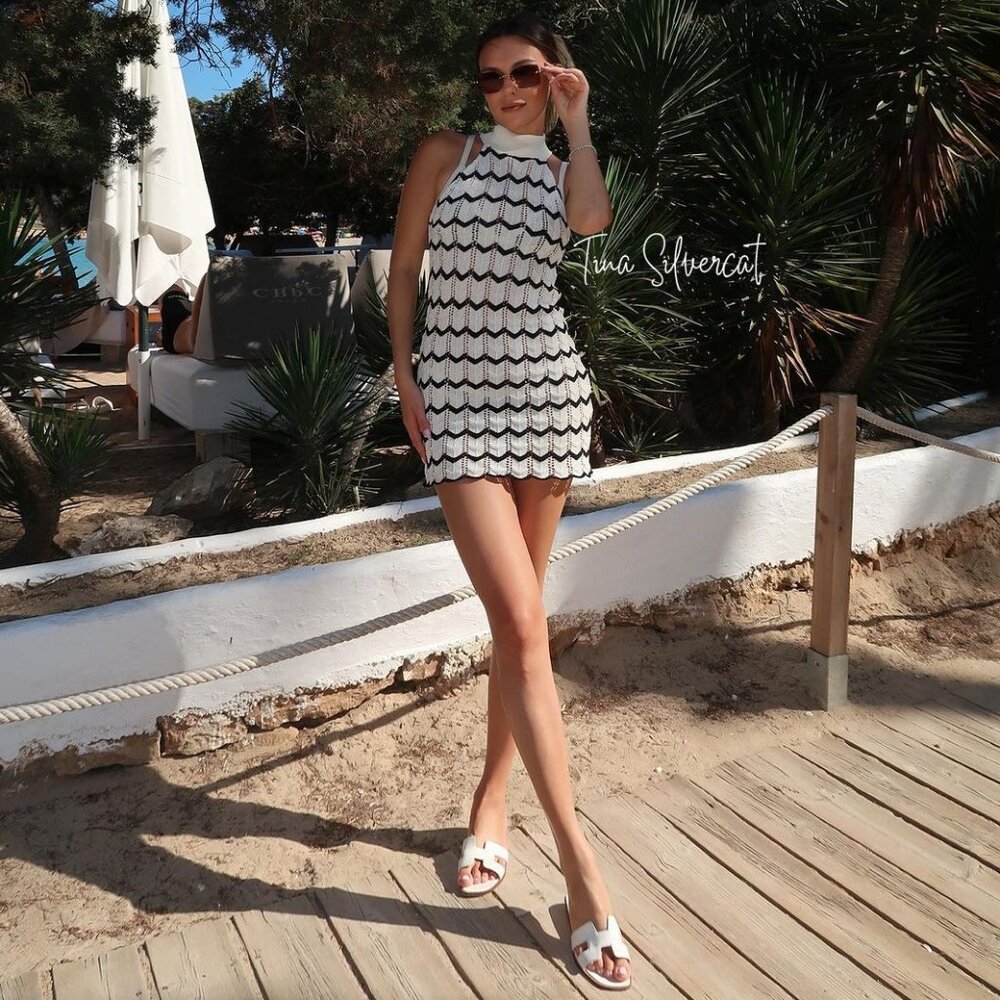 Zara Striped Knit Mini Dress White Black NWT